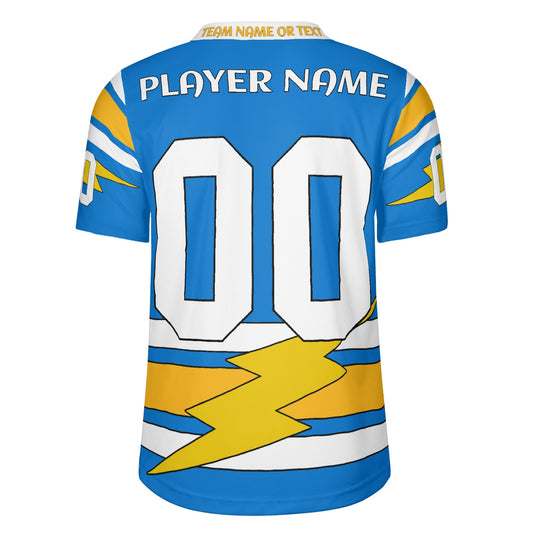 Lightning Bolt Electric Blue/Yellow Football Jersey – Custom Name & Number – Quick-Dry Mesh