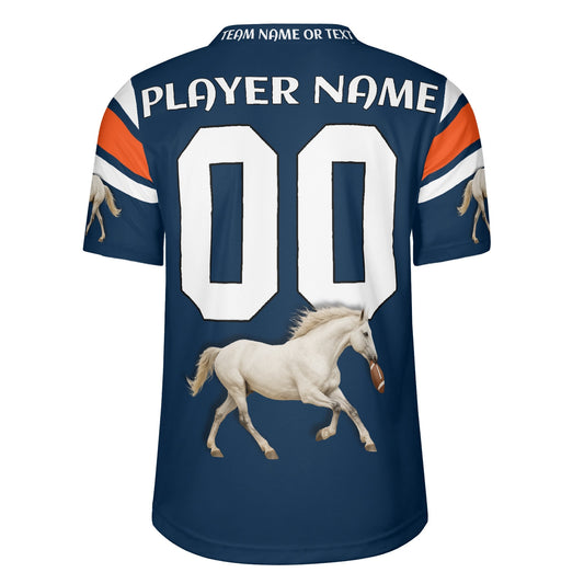 Mile-High Navy/Orange Bronco Mascot Football Jersey – Custom Name & Number – Breathable Mesh