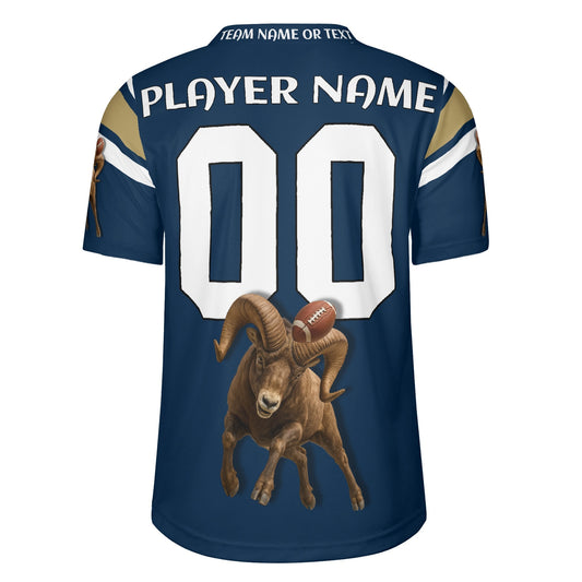 Navy/Gold Ram Mascot Football Jersey – Custom Name & Number – Breathable Mesh