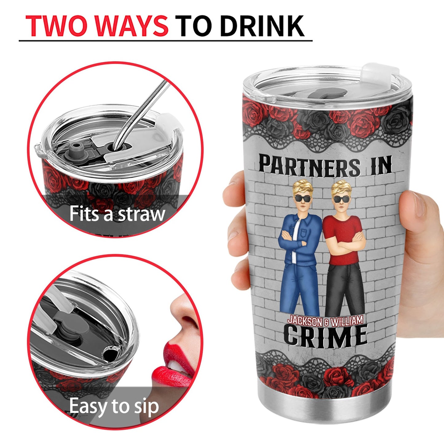 Partners in Crime Personalized Tumbler with Lid - Stainless Steel Travel Mug