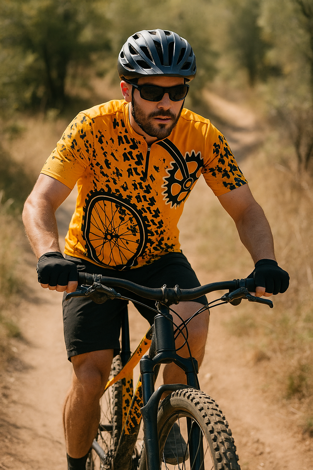 Yellow Crank & Tire Tracks All-over Print Men's MTB Jersey With Black Zipper