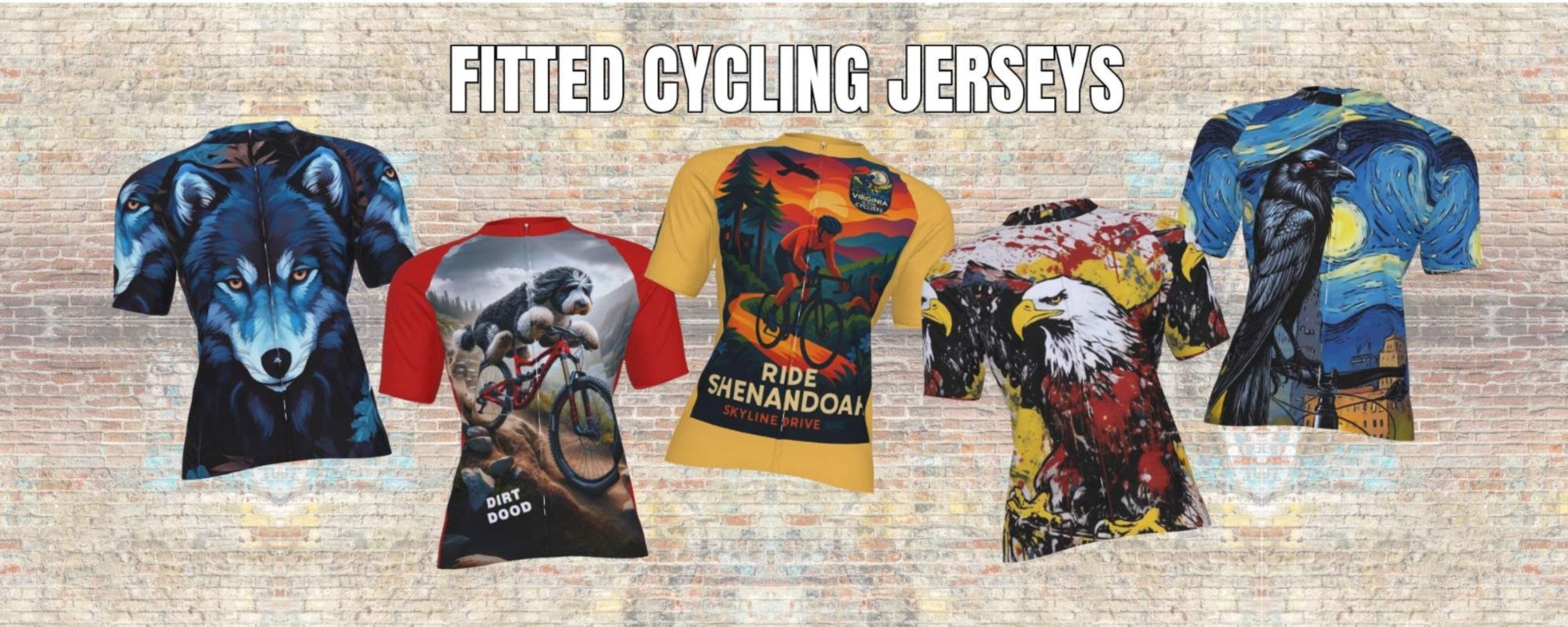 Collection of fitted cycling jerseys with various designs on a wooden background