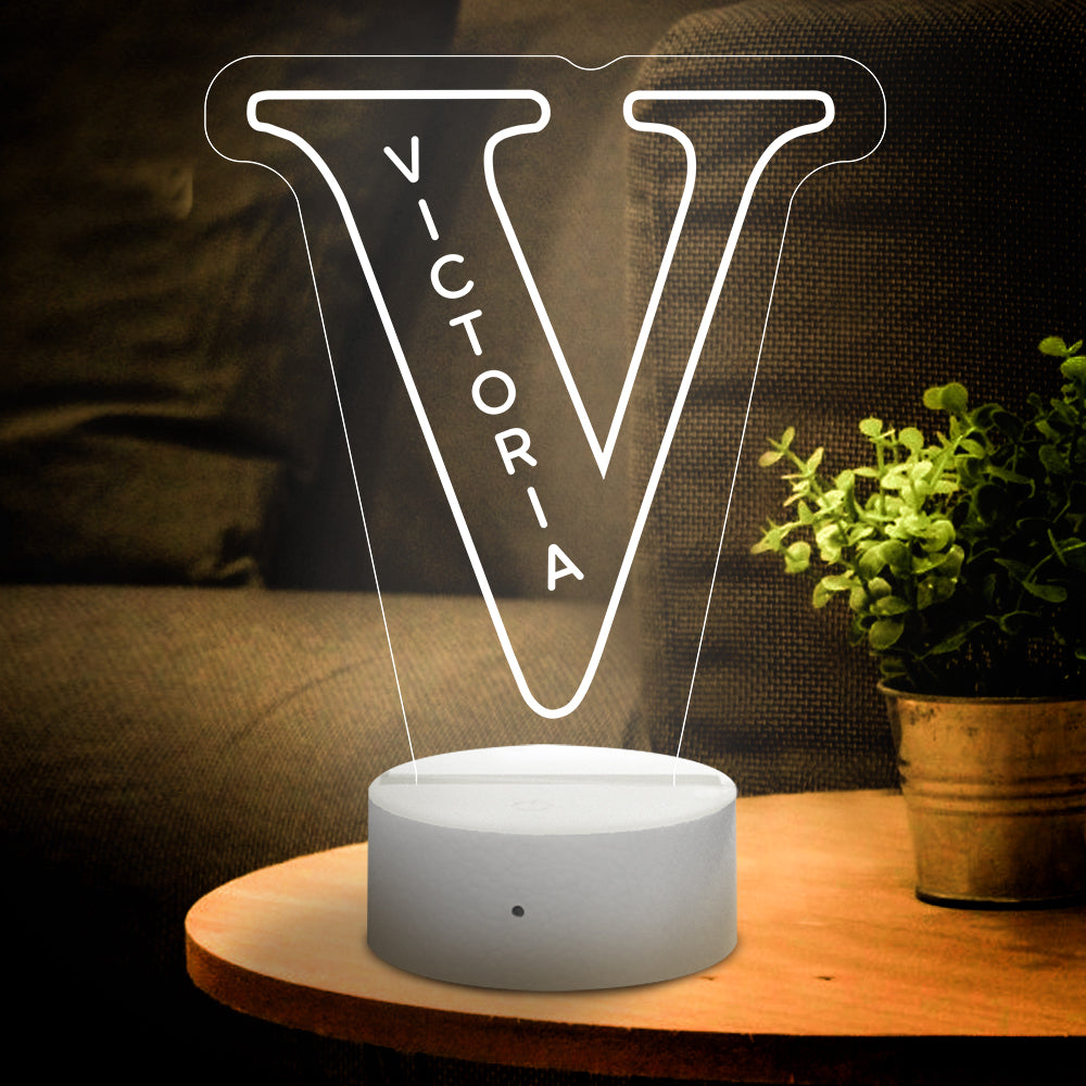Custom V LED night light with VICTORIA name, acrylic lamp, USB powered, ideal home decor gift.