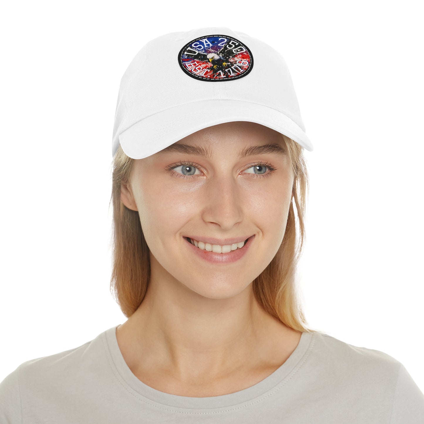 USA 25 Bald Eagle Leather Patch Dad Hat — Patriotic Round Patch Cap