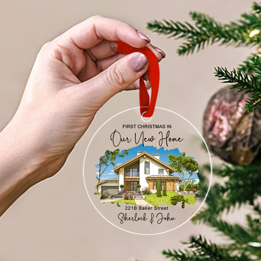 Personalized house ornament with photo, watercolor house portrait, and red ribbon