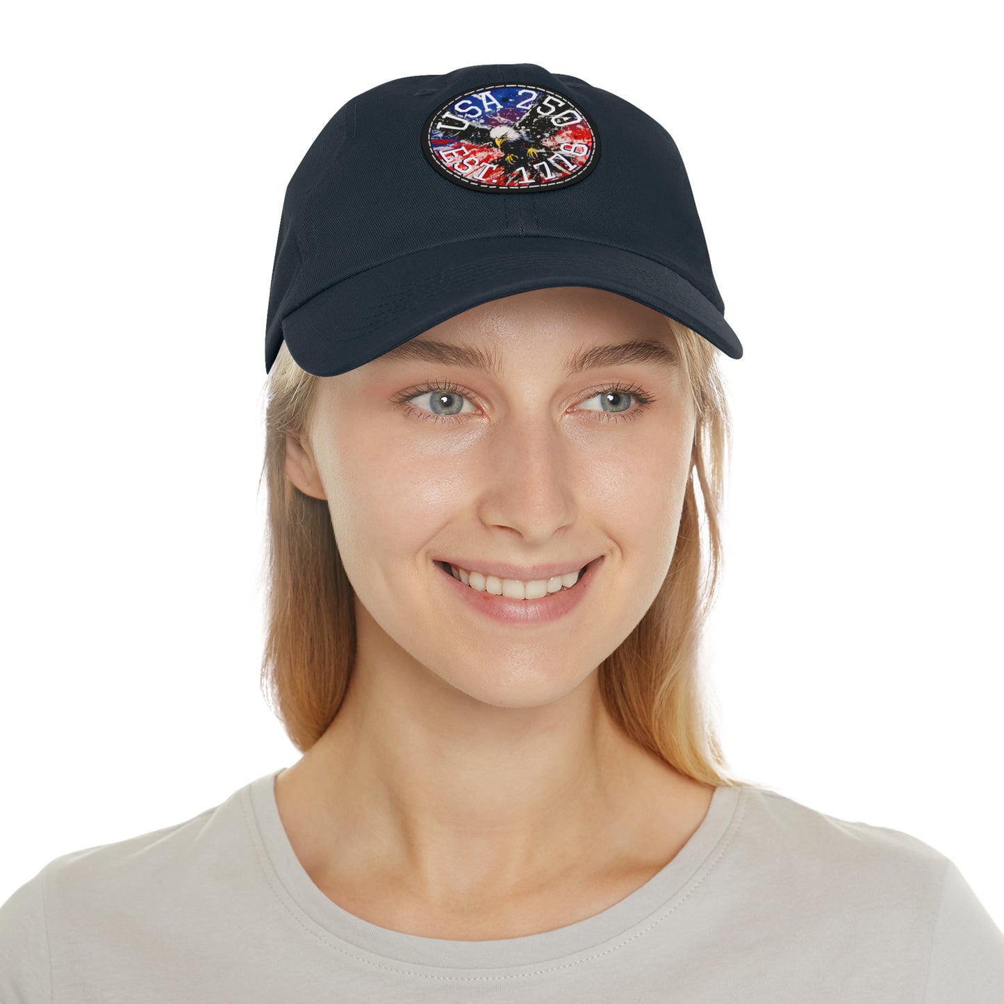 USA 25 Bald Eagle Leather Patch Dad Hat — Patriotic Round Patch Cap