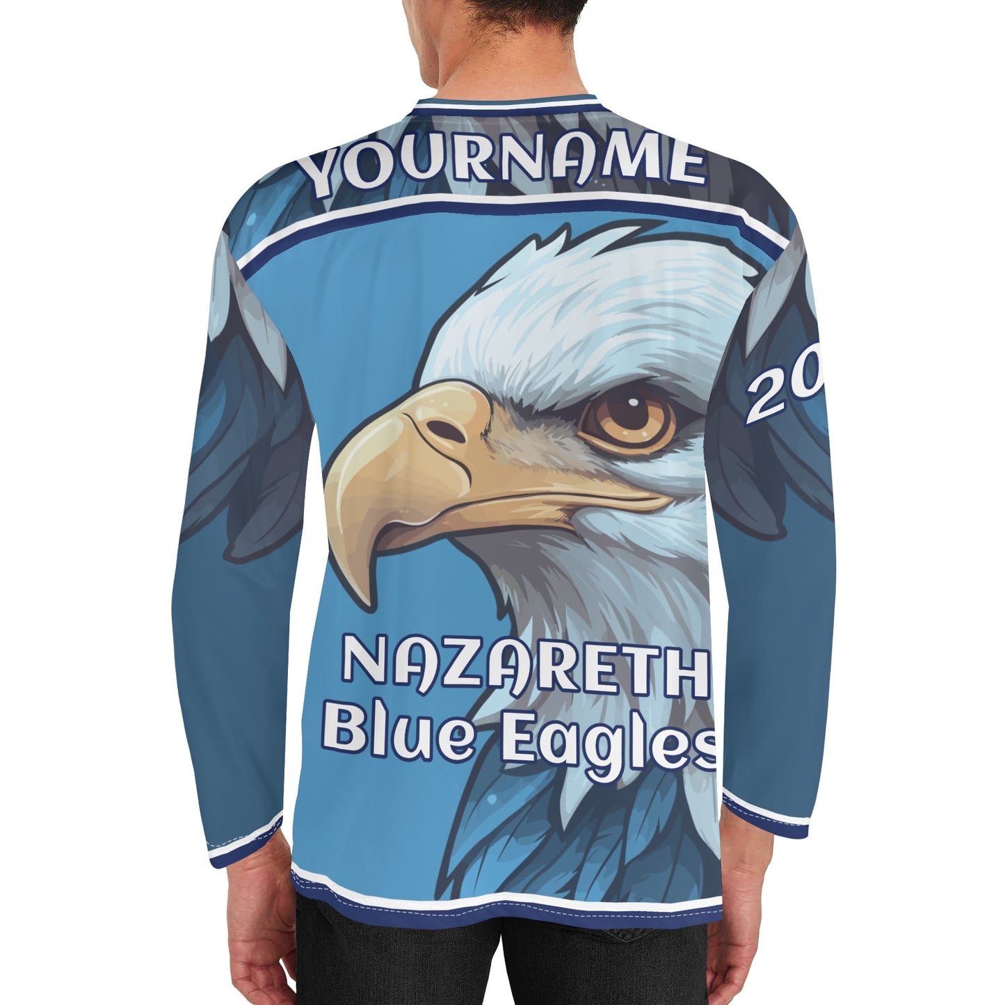 Custom Personalized Hockey-Style Nazareth Blue Eagle Jersey Long Sleeve Shirt