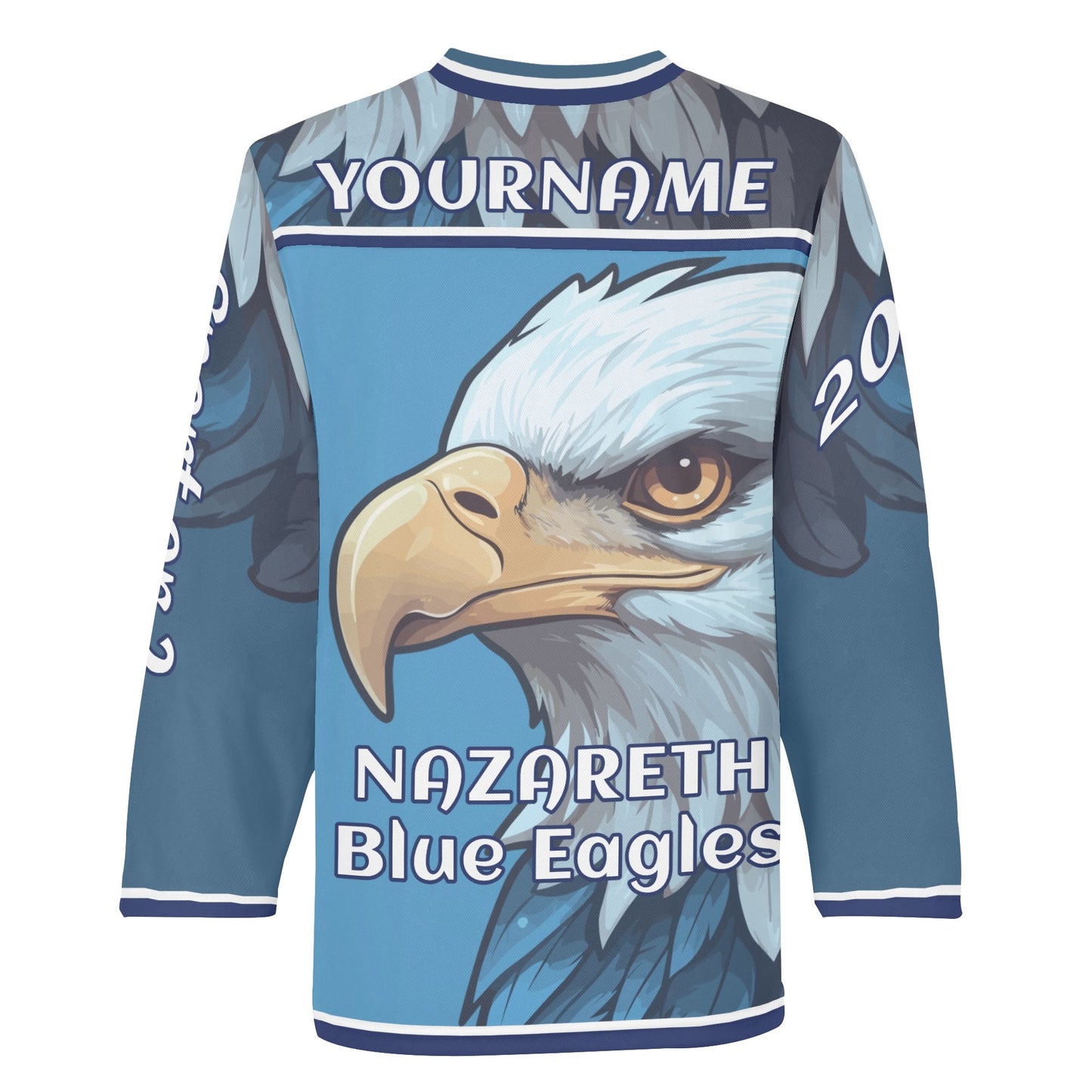 Custom Personalized Hockey-Style Nazareth Blue Eagle Jersey Long Sleeve Shirt