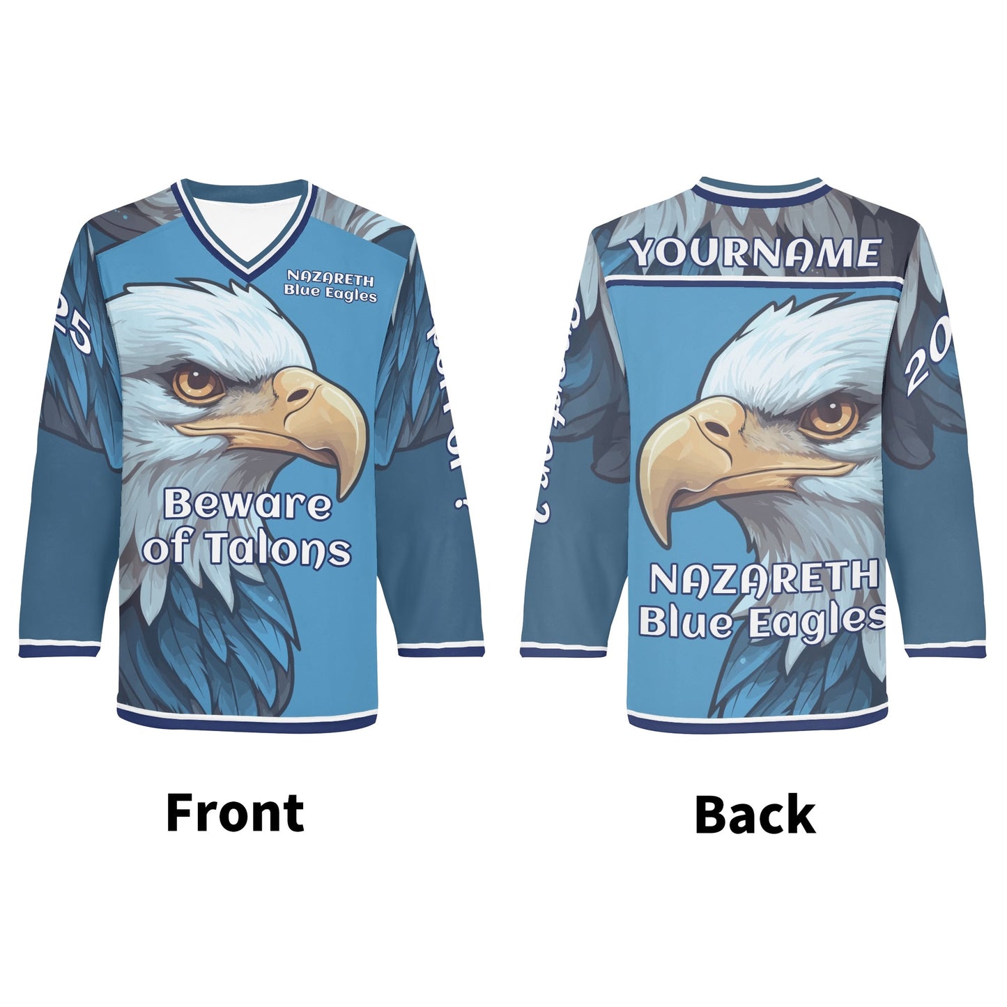 Custom Personalized Hockey-Style Nazareth Blue Eagle Jersey Long Sleeve Shirt