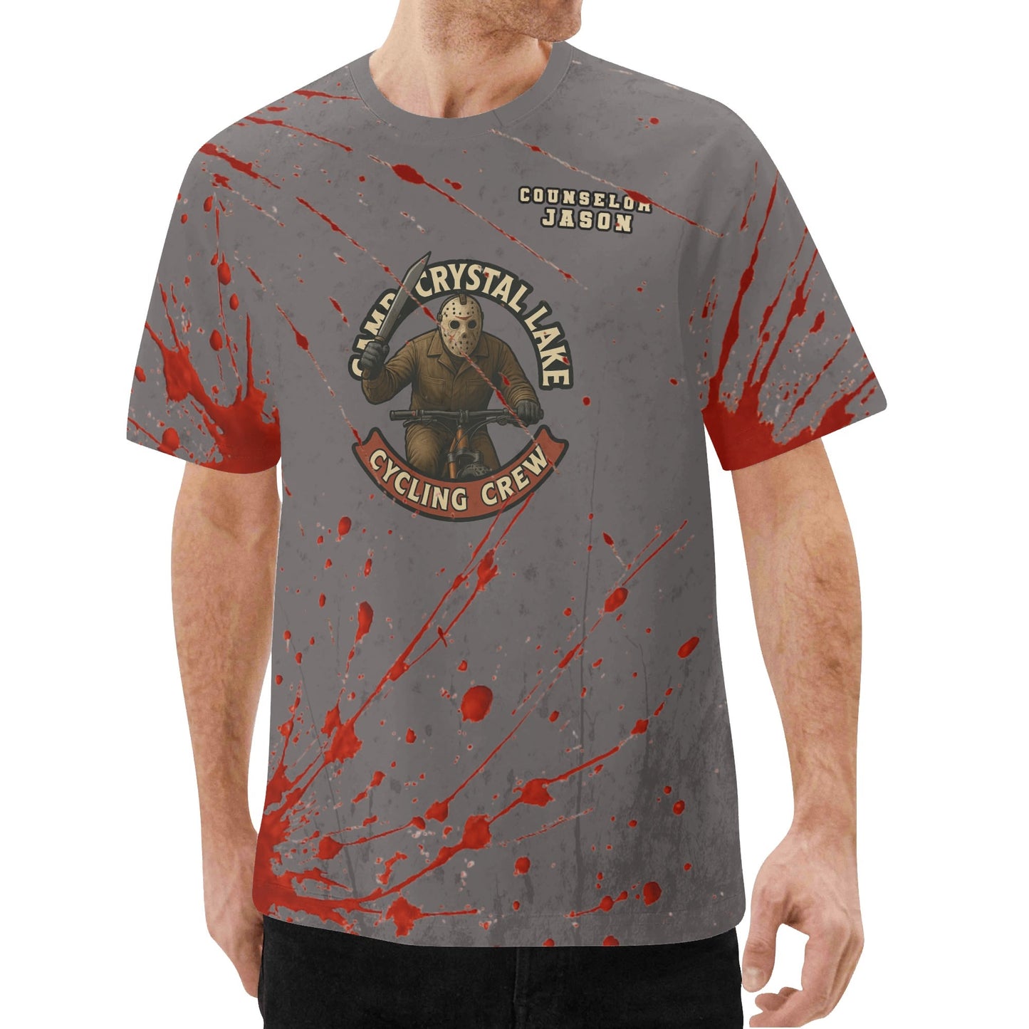 Personalized Camp Crystal Lake Cycling Crew "Counselor [Your Name]" Blood-Splattered Unisex All Over Print Classic T-Shirt