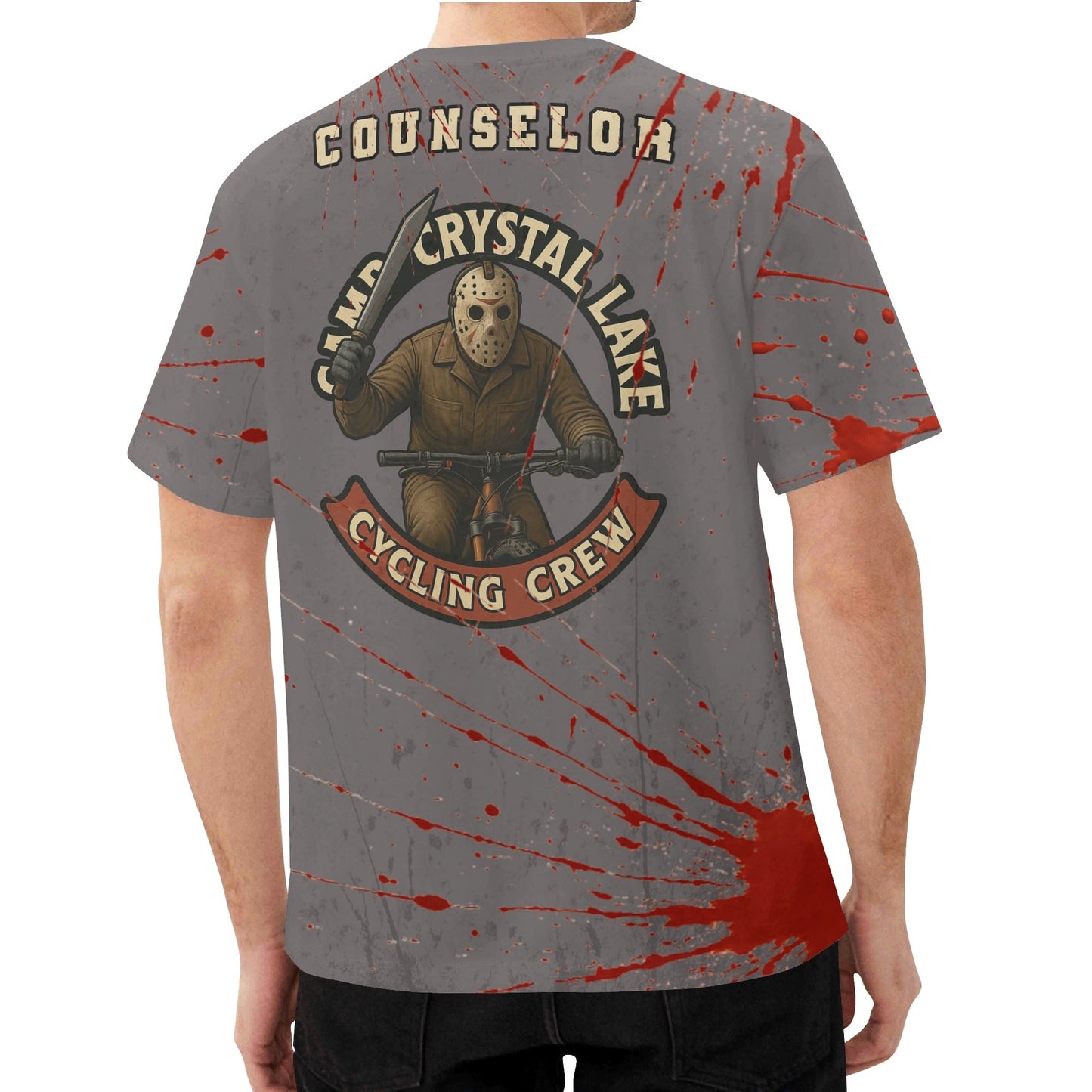 Personalized Camp Crystal Lake Cycling Crew "Counselor [Your Name]" Blood-Splattered Unisex All Over Print Classic T-Shirt