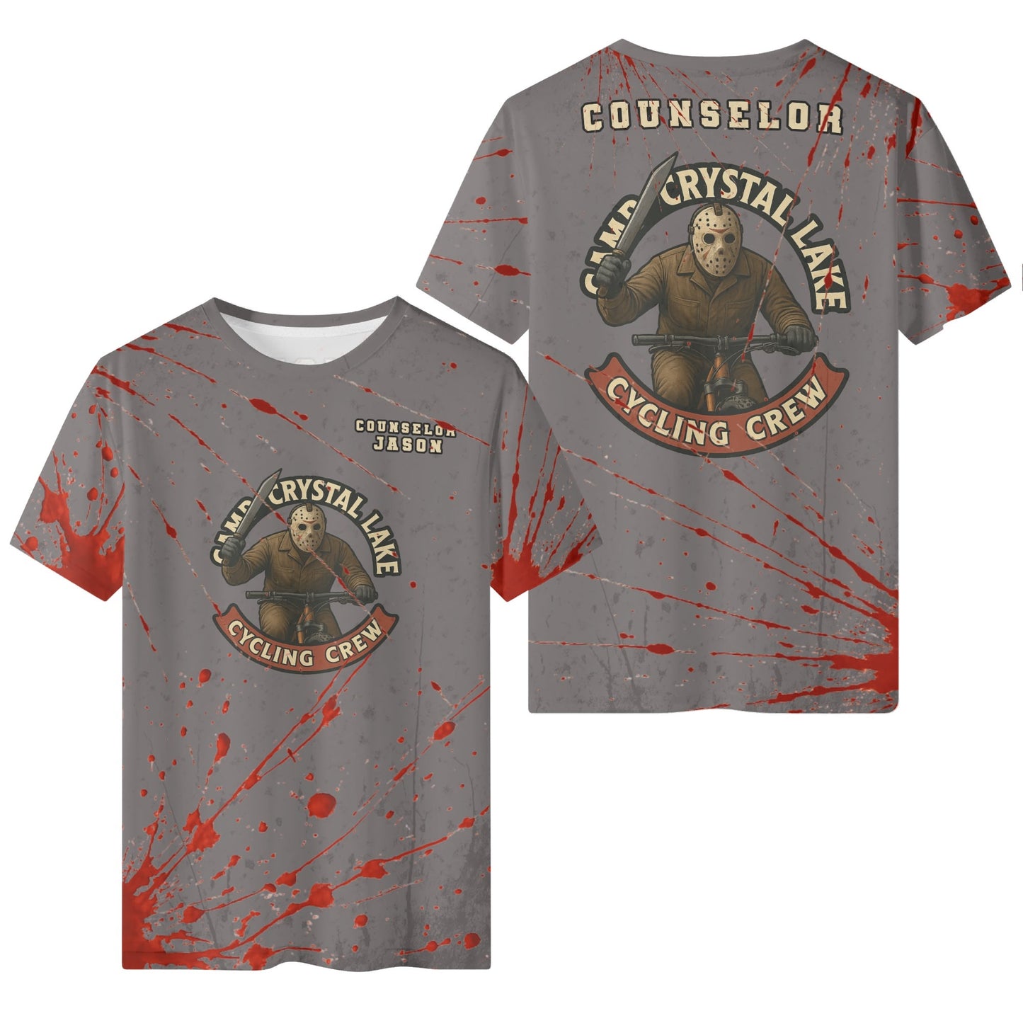 Personalized Camp Crystal Lake Cycling Crew "Counselor [Your Name]" Blood-Splattered Unisex All Over Print Classic T-Shirt