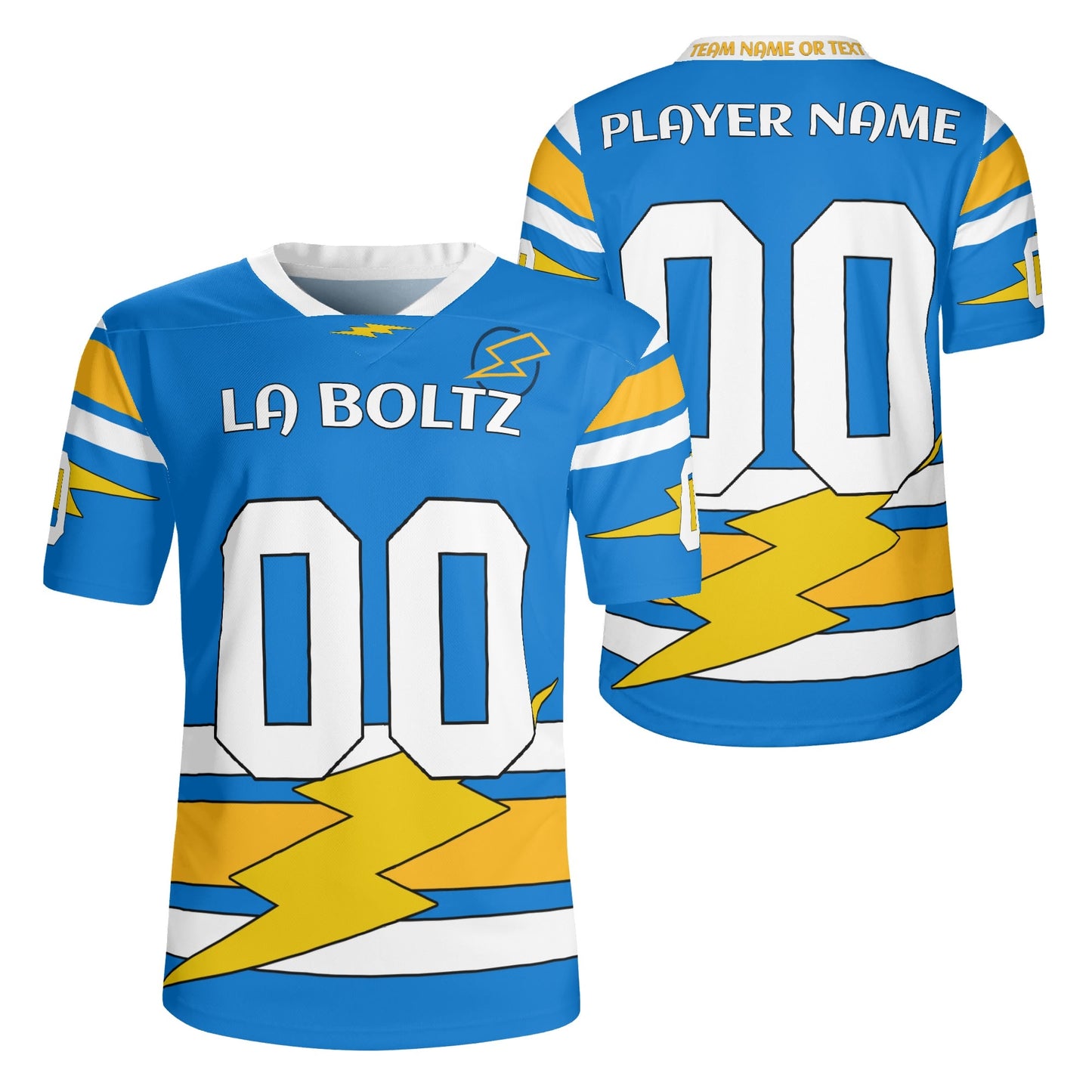 Lightning Bolt Electric Blue/Yellow Football Jersey – Custom Name & Number – Quick-Dry Mesh