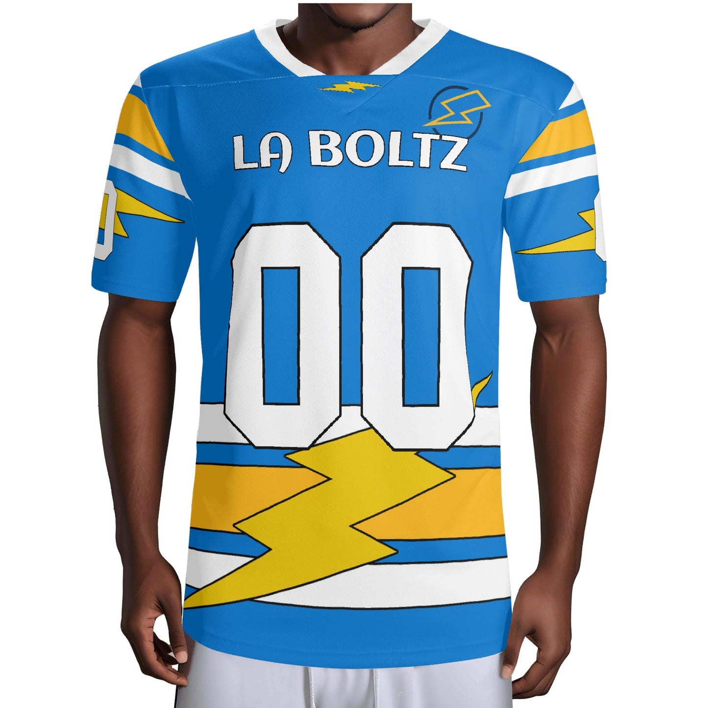 Lightning Bolt Electric Blue/Yellow Football Jersey – Custom Name & Number – Quick-Dry Mesh