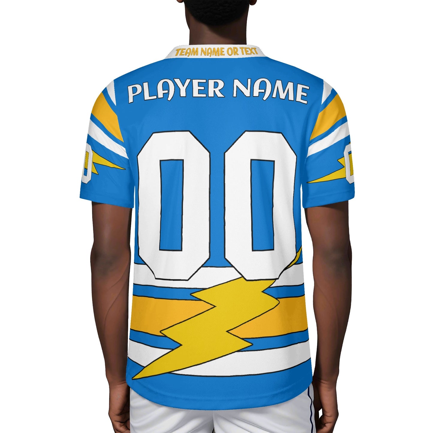 Lightning Bolt Electric Blue/Yellow Football Jersey – Custom Name & Number – Quick-Dry Mesh