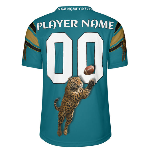Teal/Black Jaguar Mascot Football Jersey – Custom Name & Number – Breathable Mesh
