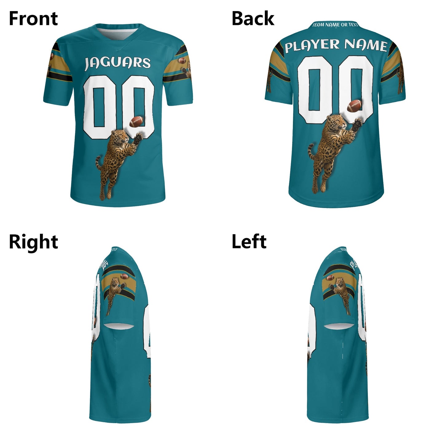 Teal/Black Jaguar Mascot Football Jersey – Custom Name & Number – Breathable Mesh