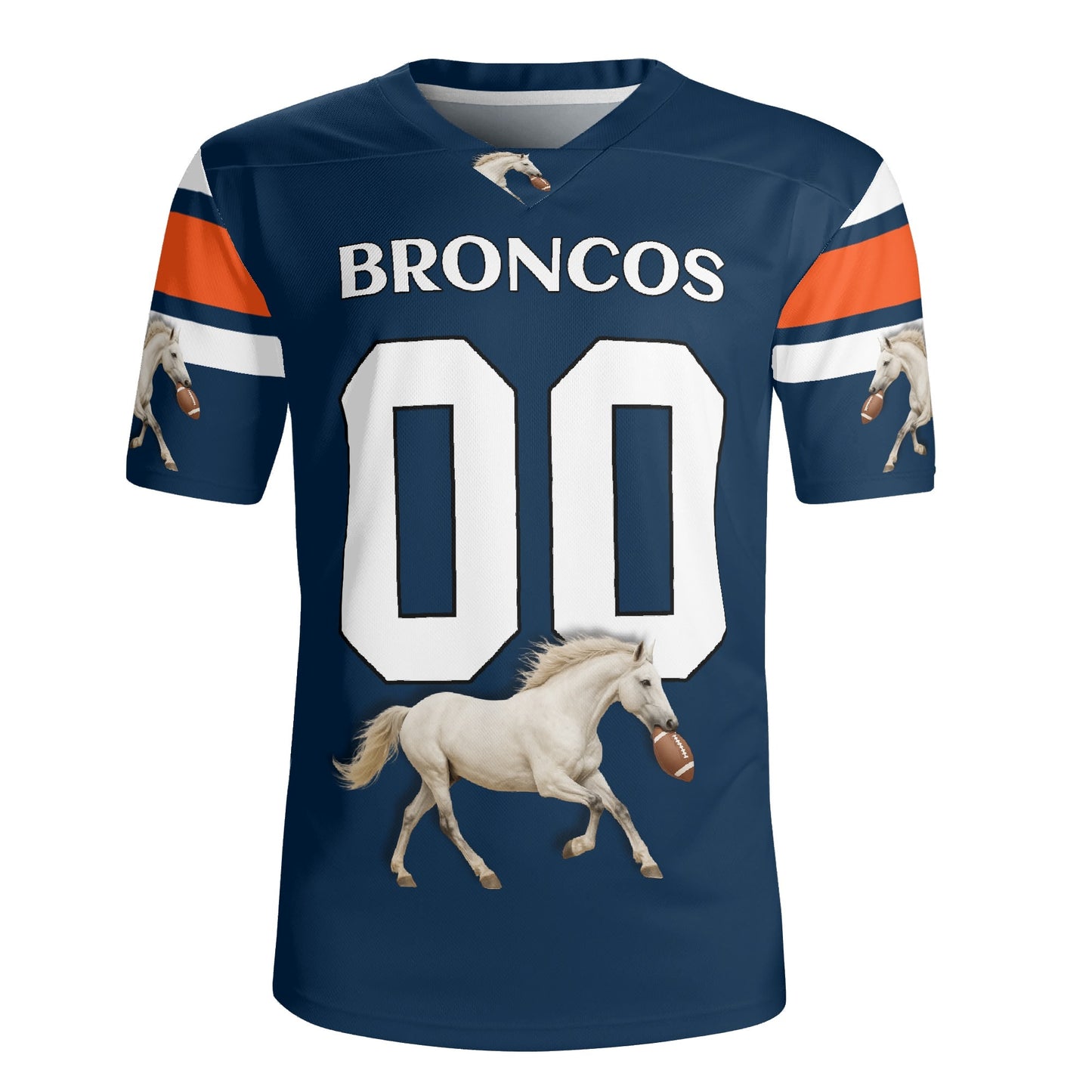 Mile-High Navy/Orange Bronco Mascot Football Jersey – Custom Name & Number – Breathable Mesh