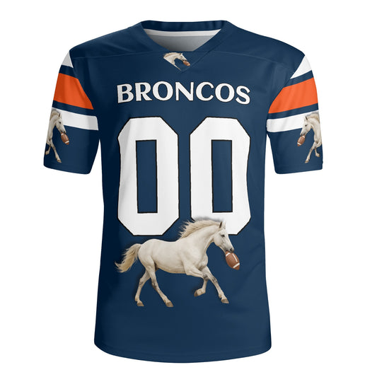 Mile-High Navy/Orange Bronco Mascot Football Jersey – Custom Name & Number – Breathable Mesh