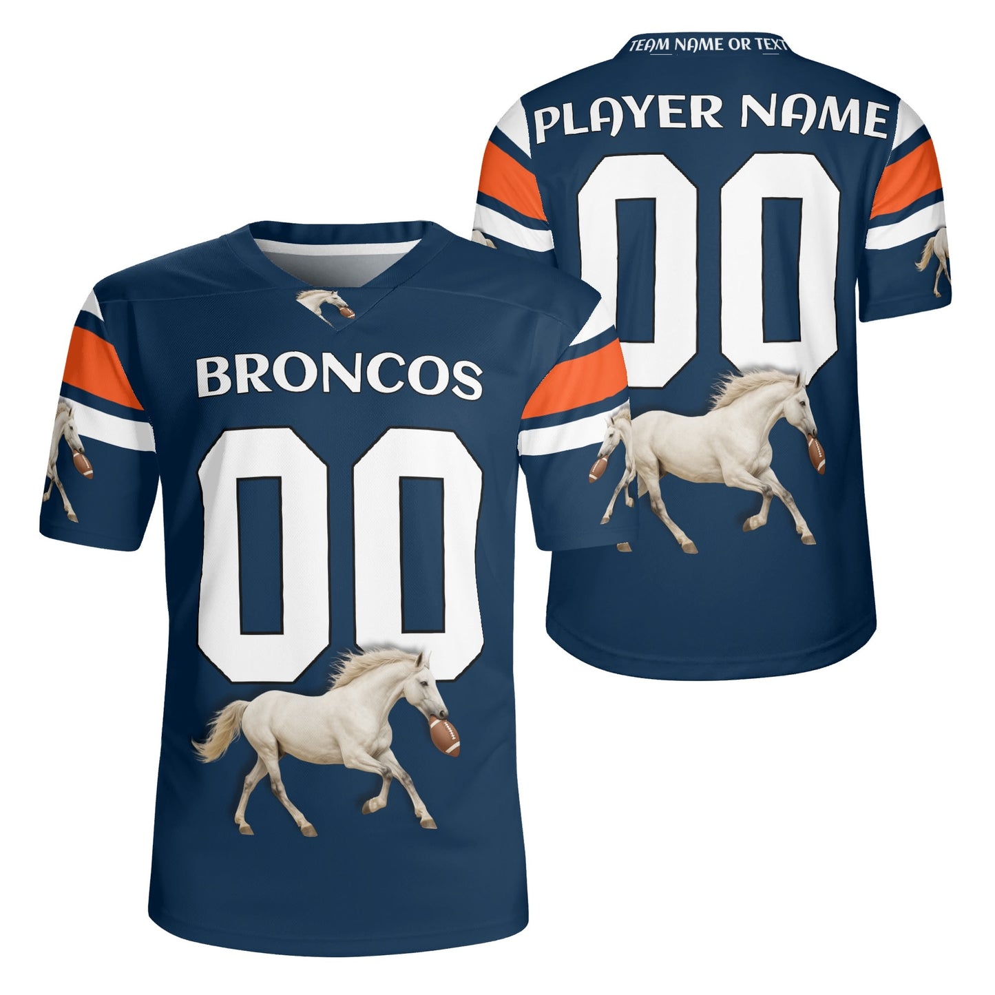 Mile-High Navy/Orange Bronco Mascot Football Jersey – Custom Name & Number – Breathable Mesh