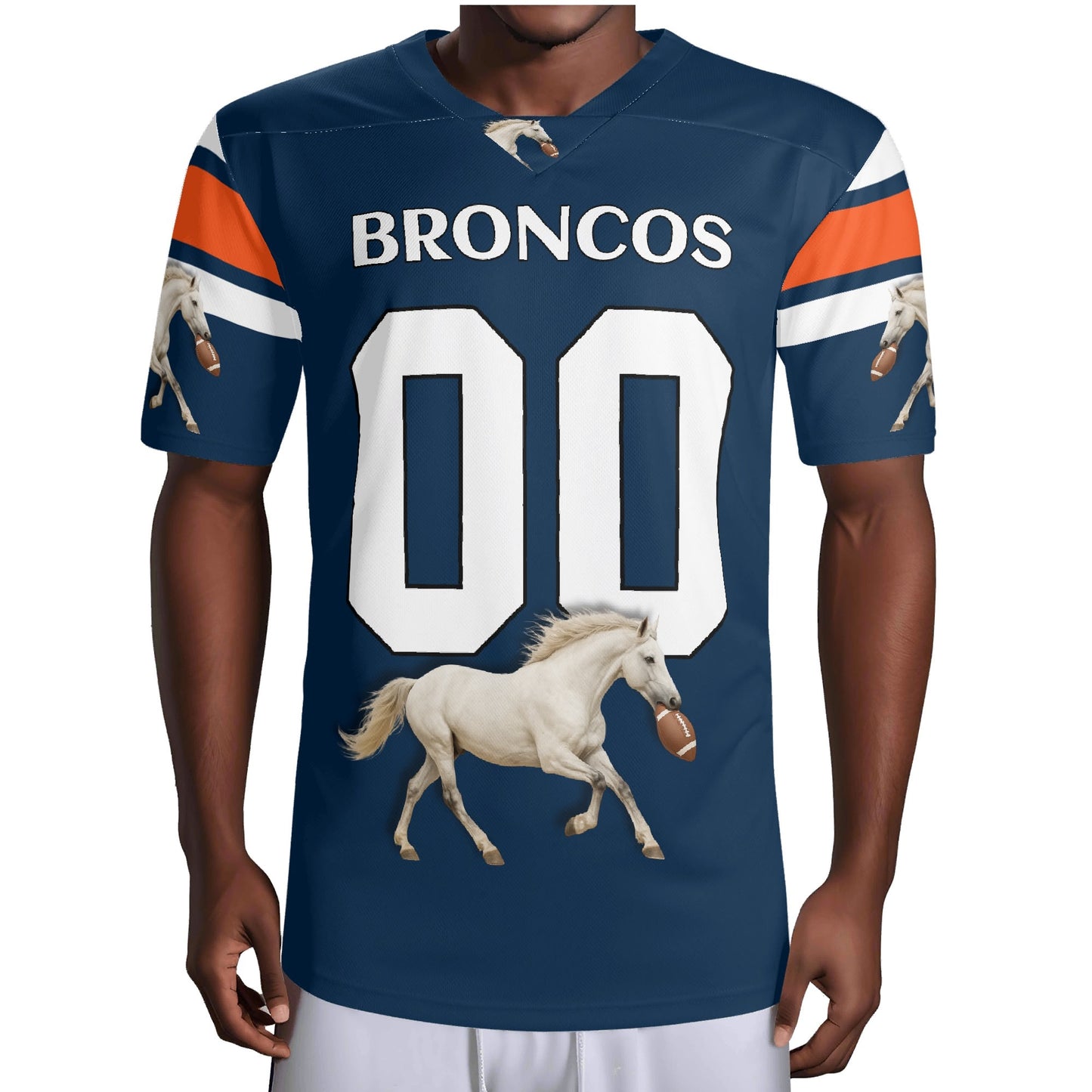 Mile-High Navy/Orange Bronco Mascot Football Jersey – Custom Name & Number – Breathable Mesh