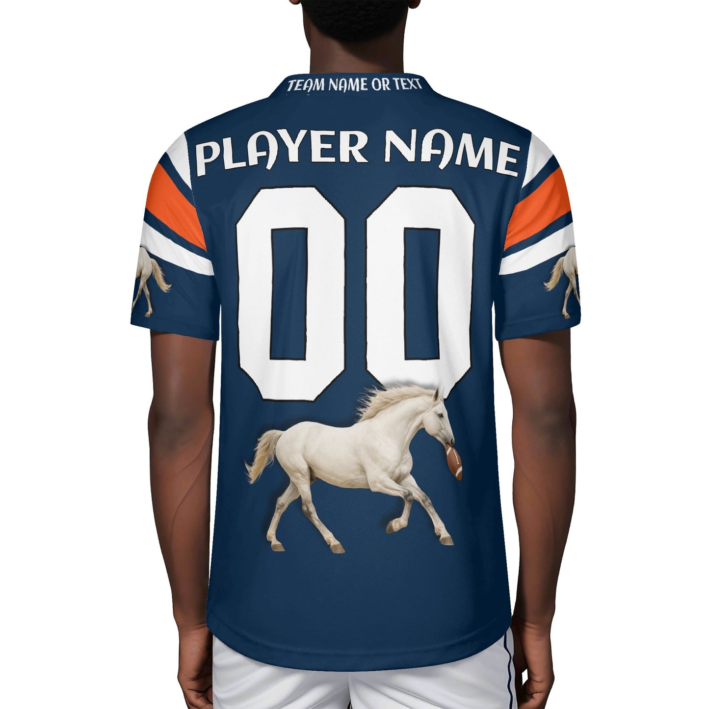 Mile-High Navy/Orange Bronco Mascot Football Jersey – Custom Name & Number – Breathable Mesh