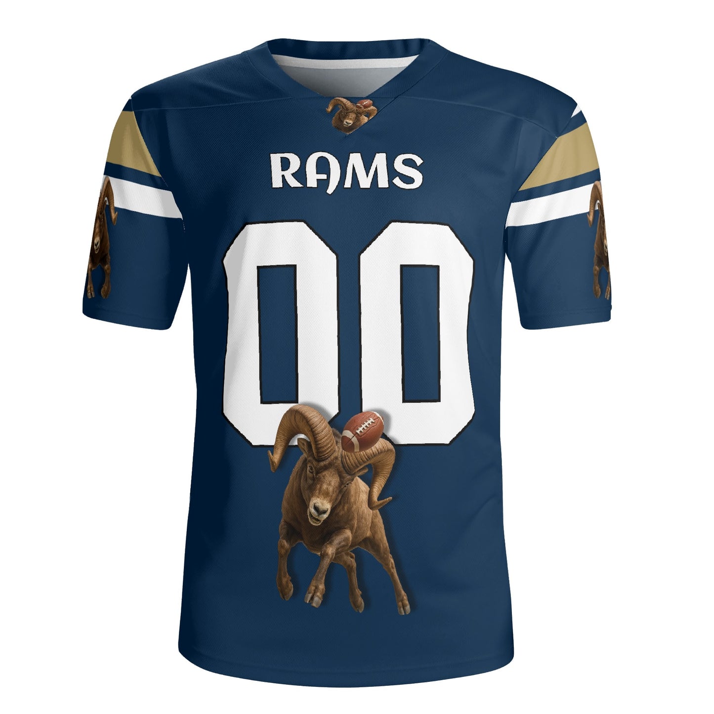 Navy/Gold Ram Mascot Football Jersey – Custom Name & Number – Breathable Mesh