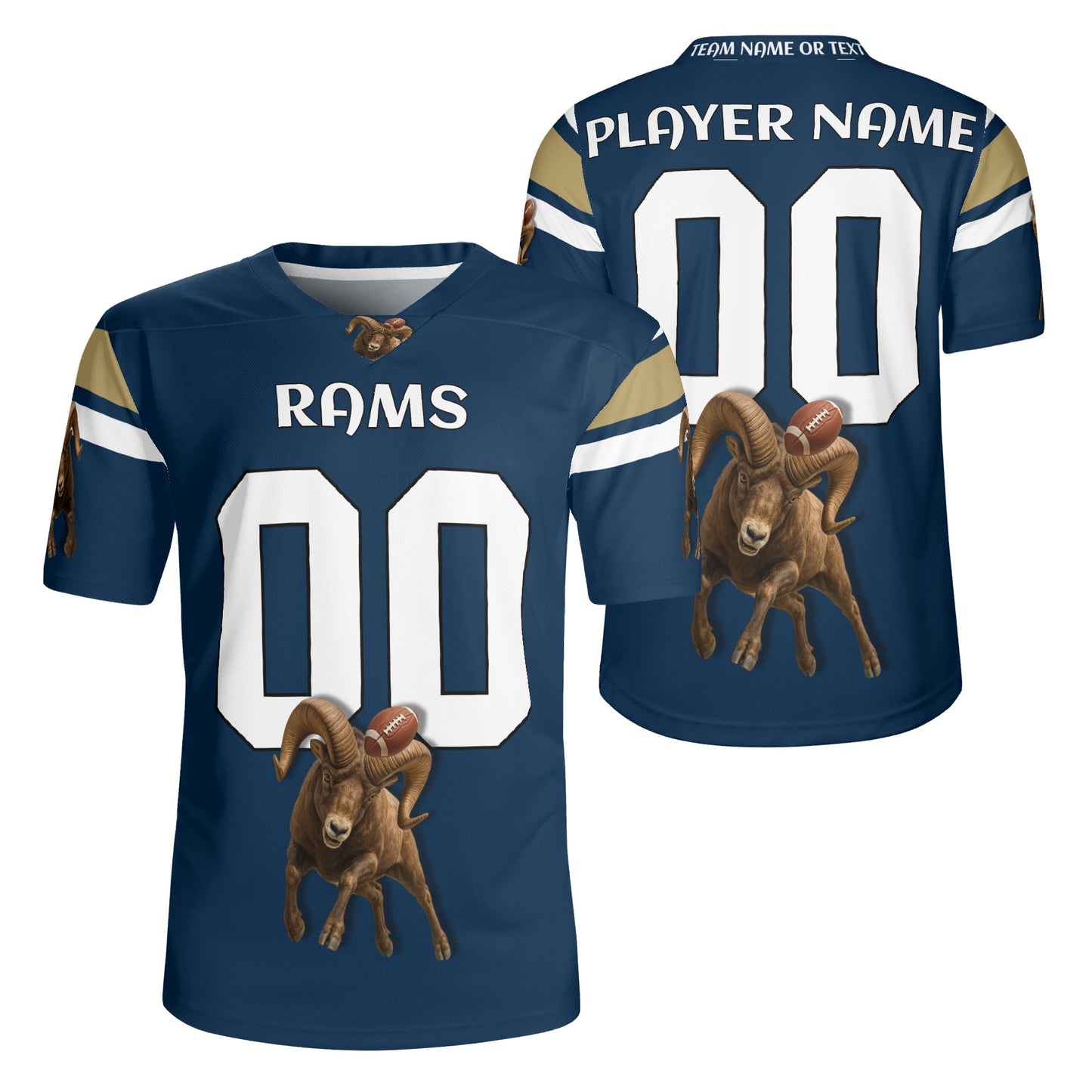 Navy/Gold Ram Mascot Football Jersey – Custom Name & Number – Breathable Mesh