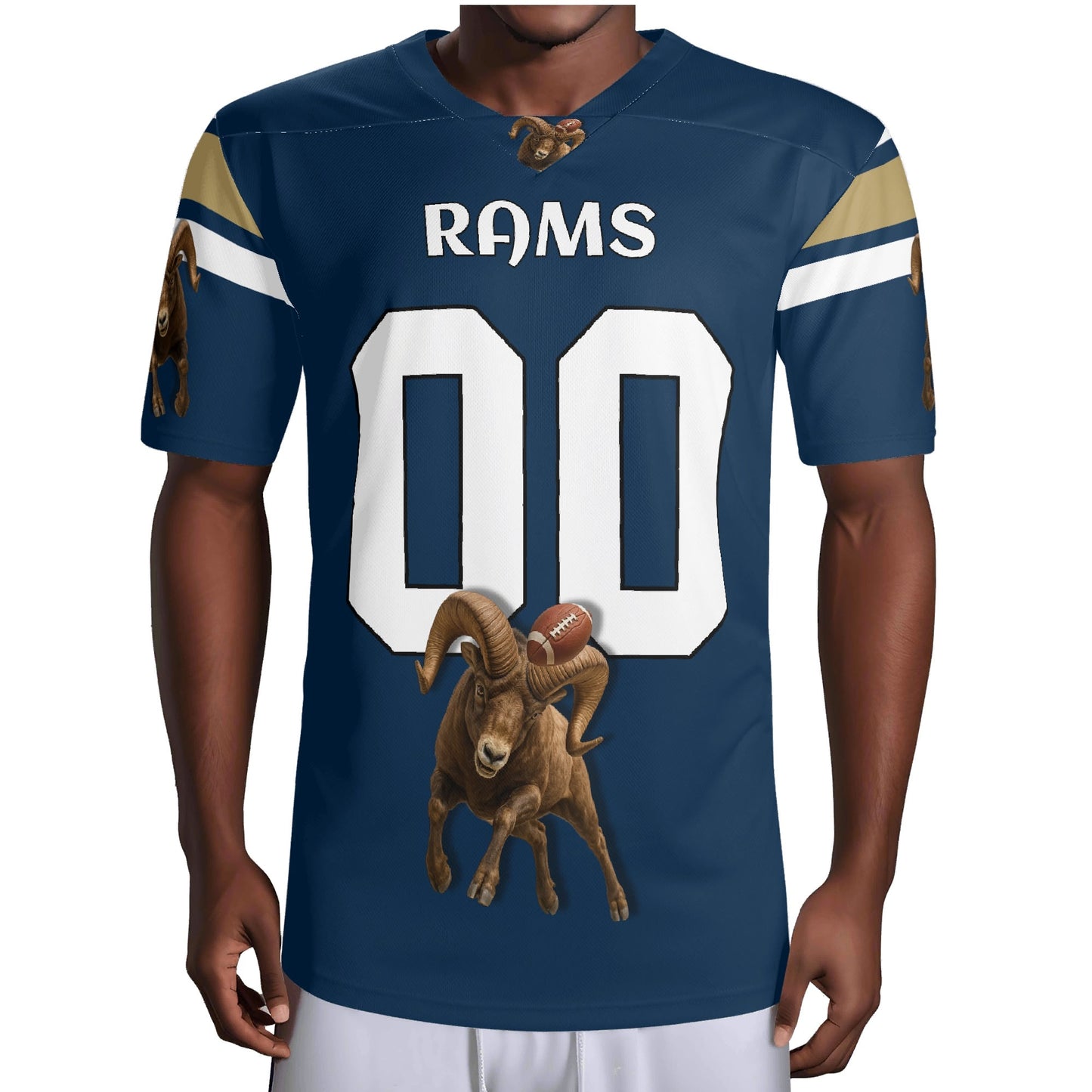 Navy/Gold Ram Mascot Football Jersey – Custom Name & Number – Breathable Mesh
