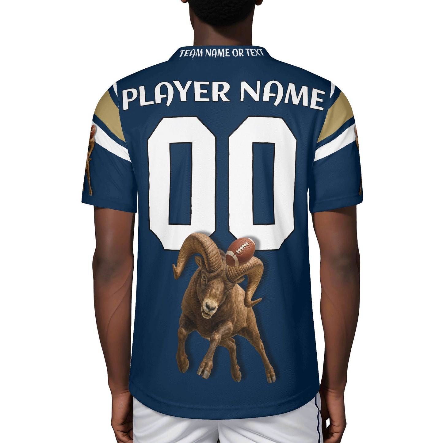 Navy/Gold Ram Mascot Football Jersey – Custom Name & Number – Breathable Mesh