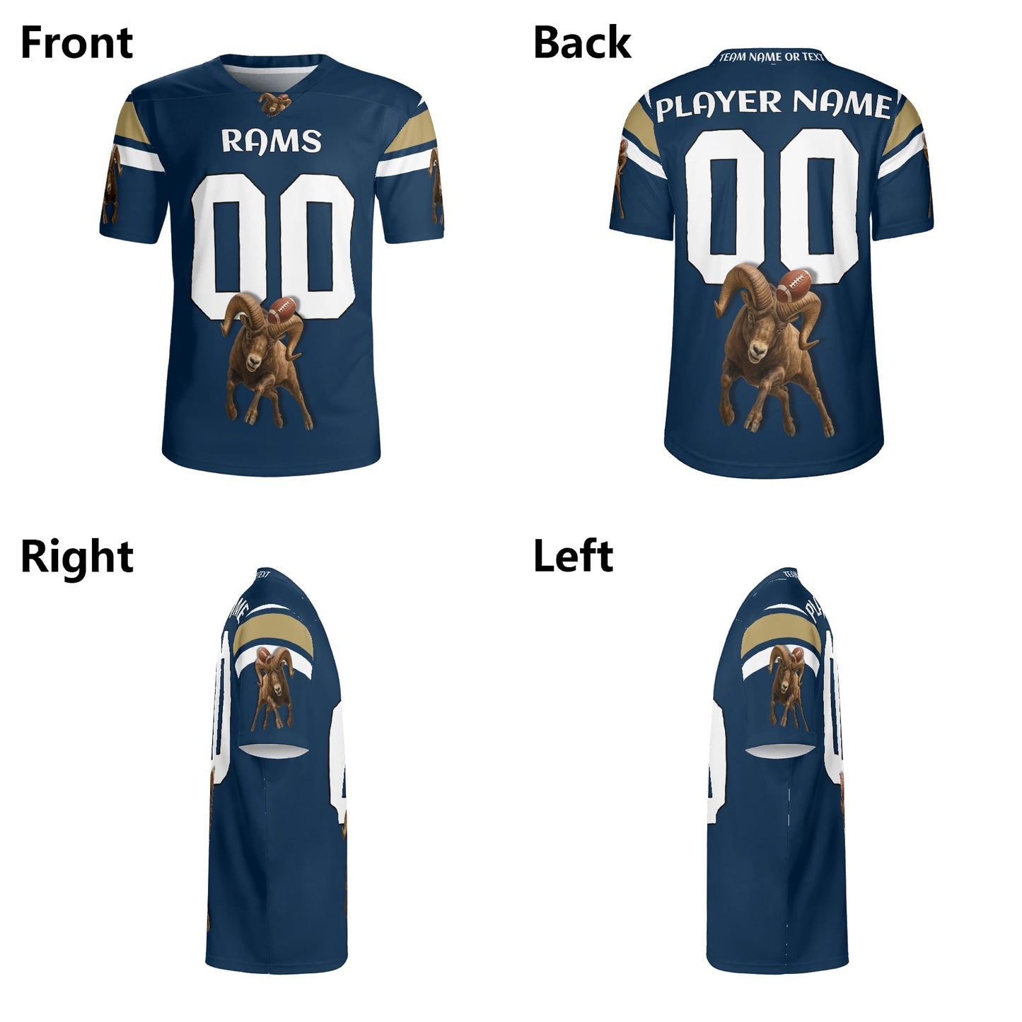 Navy/Gold Ram Mascot Football Jersey – Custom Name & Number – Breathable Mesh