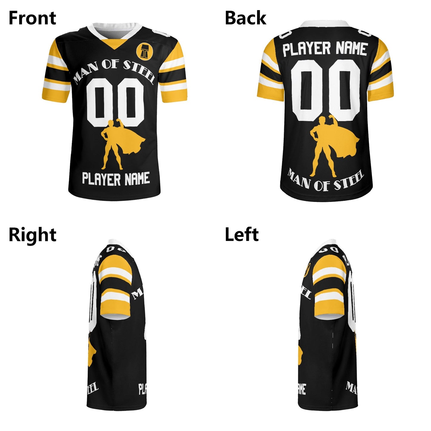 Steel City “Man of Steel” Parody Jersey — Custom Name & Number (Black/Gold, S–7XL)