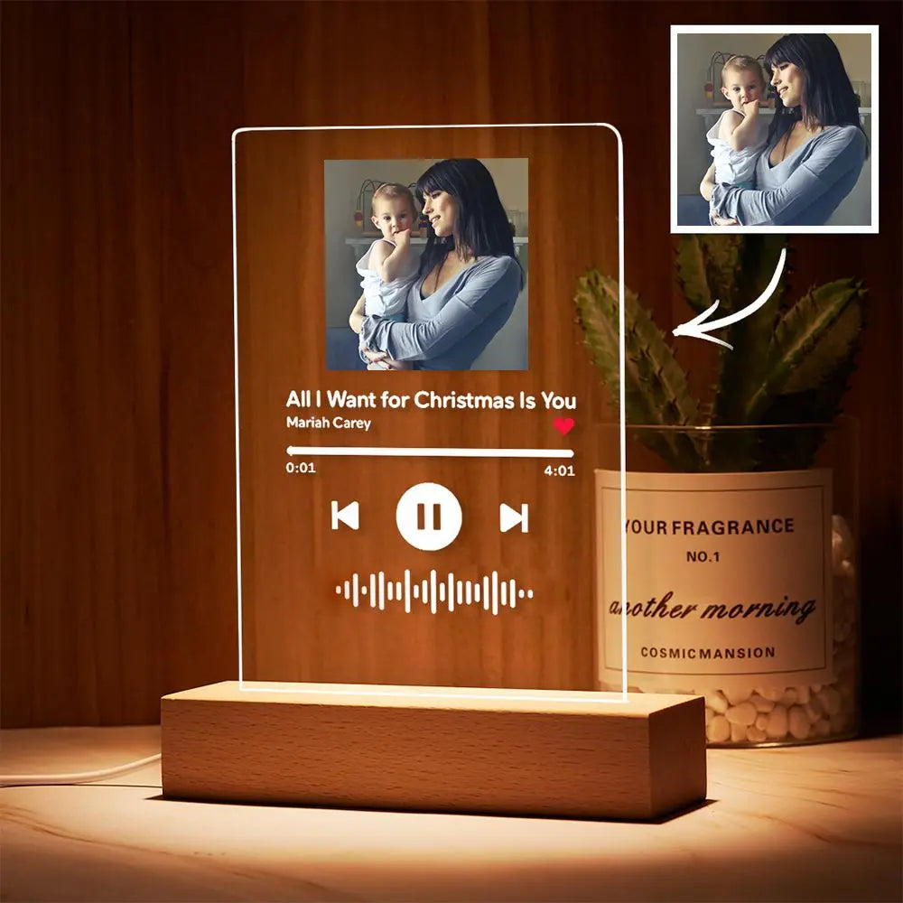 Custom acrylic music song plaque night light with couple photo and scannable code, wooden base.