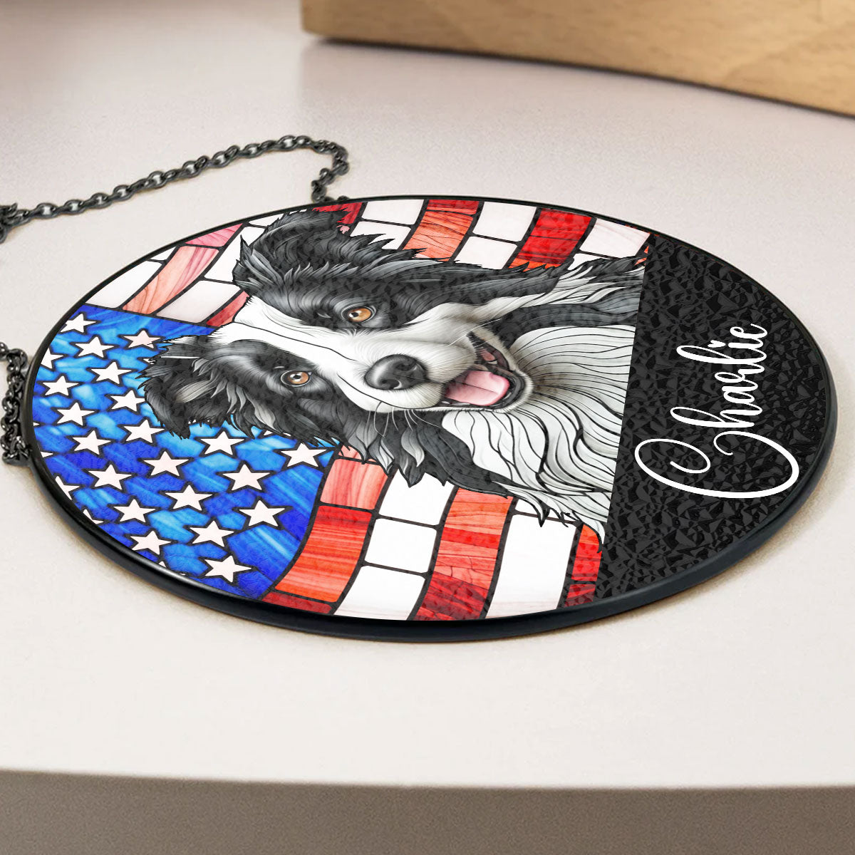 Personalized Portrait Dog American Flag Suncatcher with 'Charlie', stained glass window hanging decoration