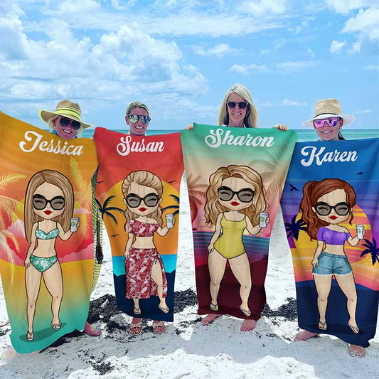 Personalized beach towels with custom names and summer illustrations