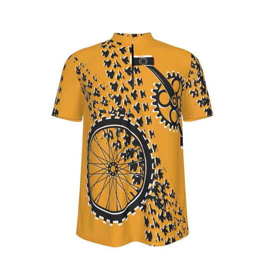 Yellow Crank & Tire Tracks All-over Print Men's MTB Jersey With Black Zipper