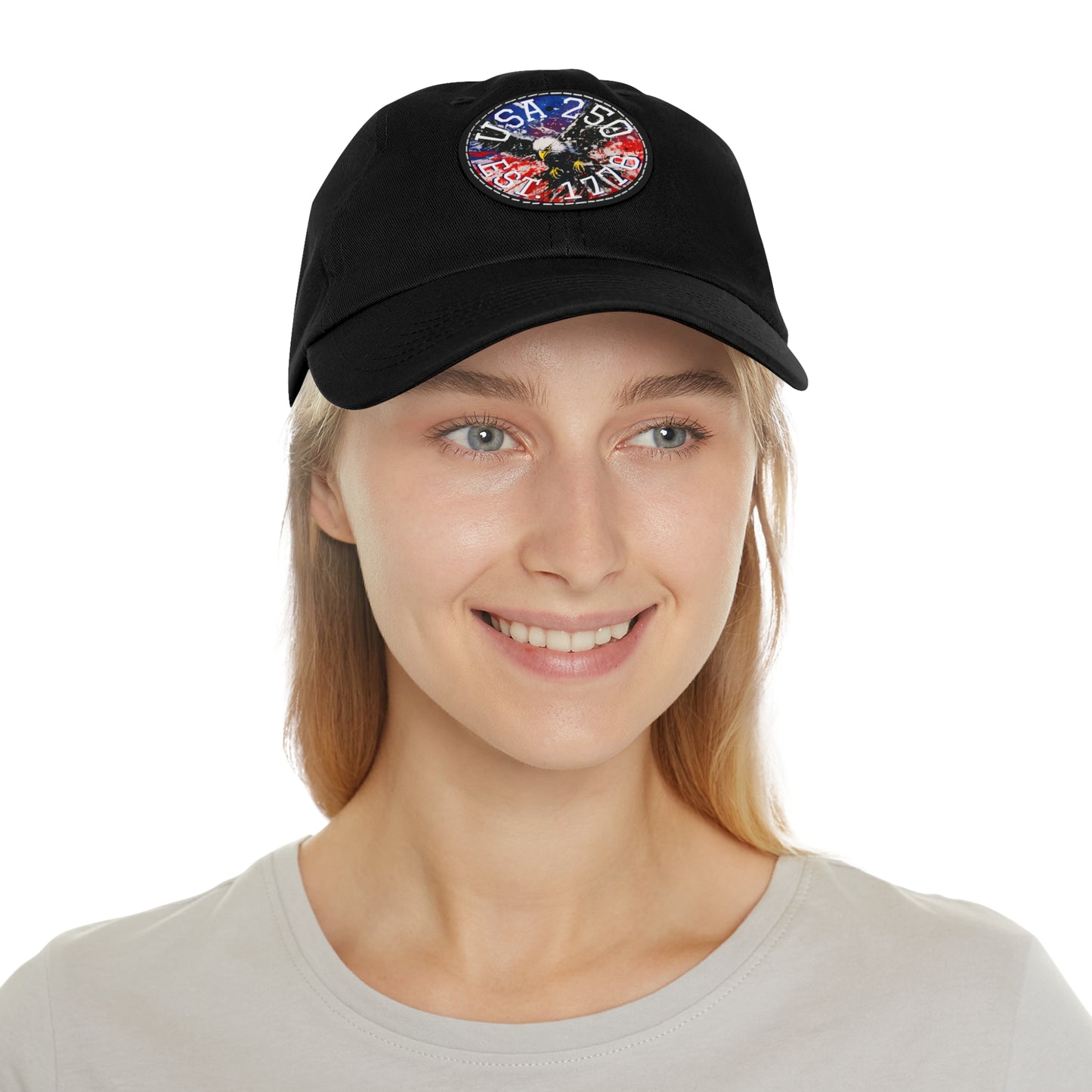 USA 25 Bald Eagle Leather Patch Dad Hat — Patriotic Round Patch Cap