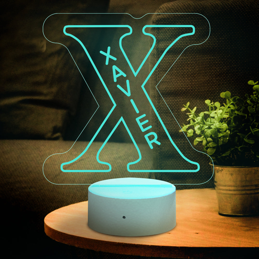Custom X LED Night Light with Xavier Name, acrylic lamp, USB powered, ideal home decor gift.