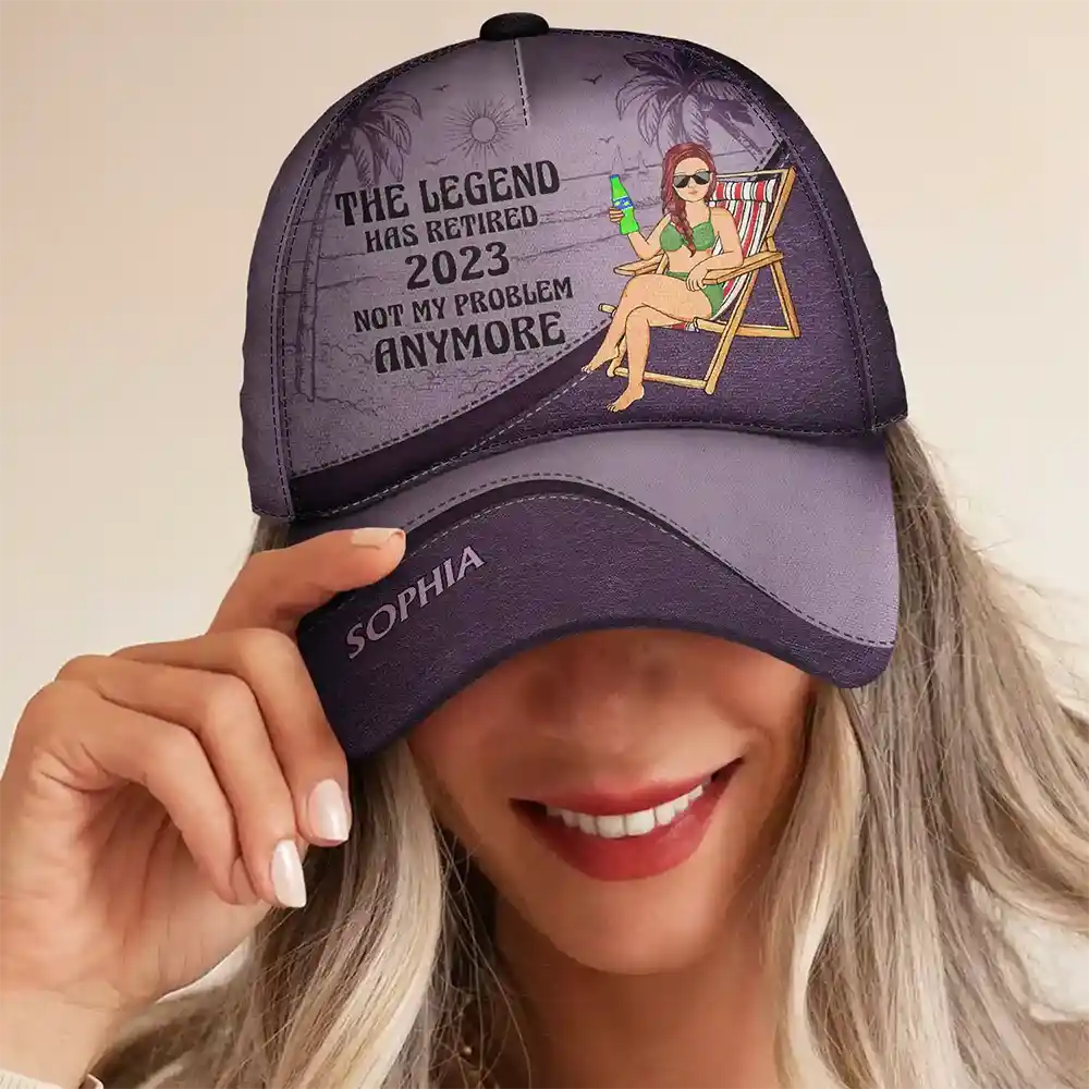 Classic cap with 'The Legend Has Retired' design, polyester-cotton blend, retirement gift, purple color