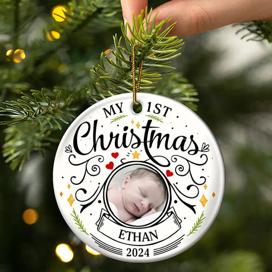 Personalized Baby's First Christmas Ornament, Circle Ceramic with Baby Photo, Custom Name and Year