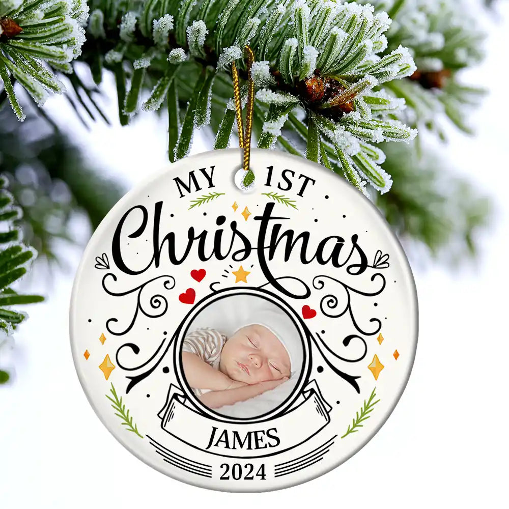Personalized Baby's First Christmas Ornament, Circle Ceramic, Custom Photo, Name, and Year