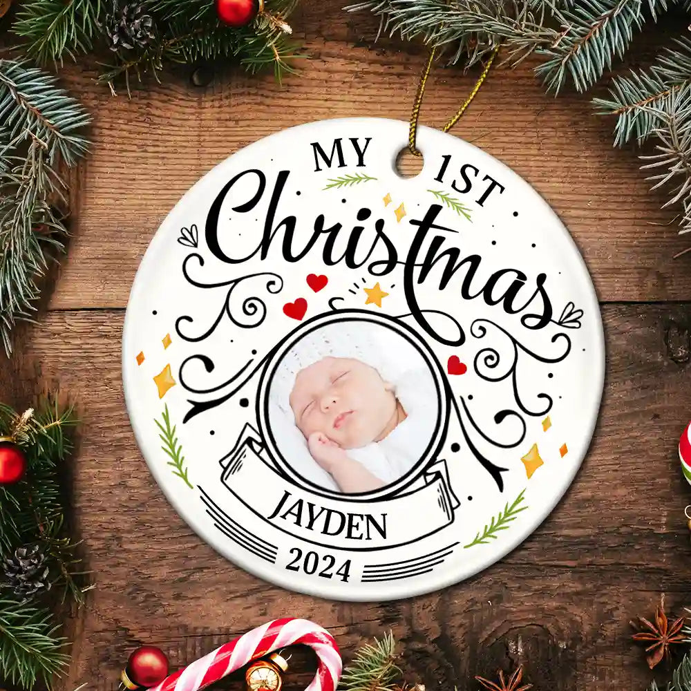 Baby's First Christmas ornament, personalized photo, name, year, circle ceramic, holiday keepsake.
