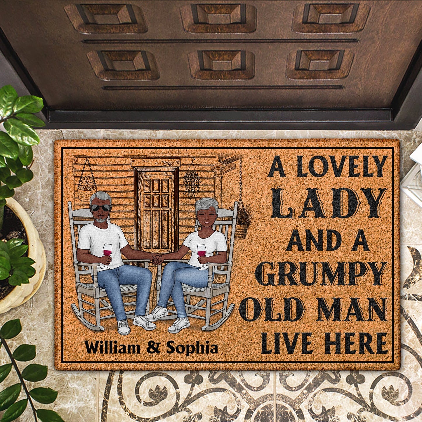 Personalized doormat with couple and text 'A lovely lady and a grumpy old man live here'. Custom couple gift.