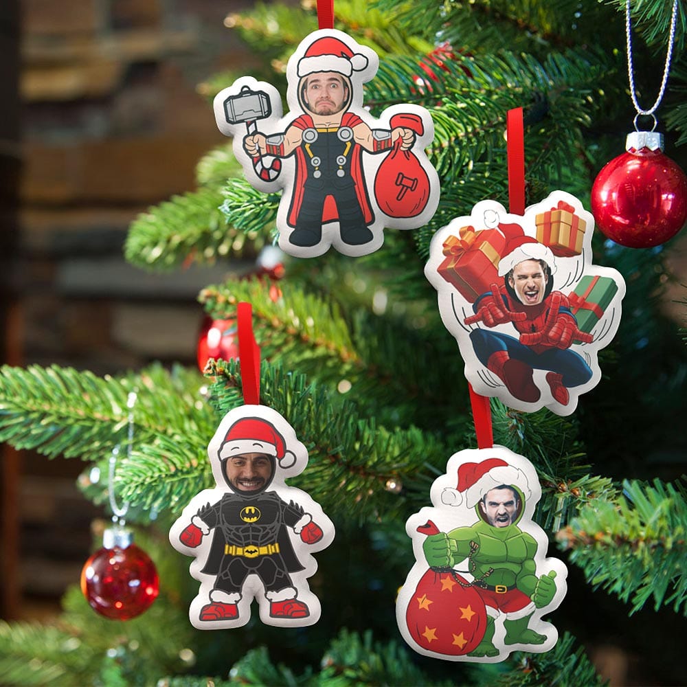 Superhero Christmas tree hanging decorations set on a Christmas tree, personalized face design