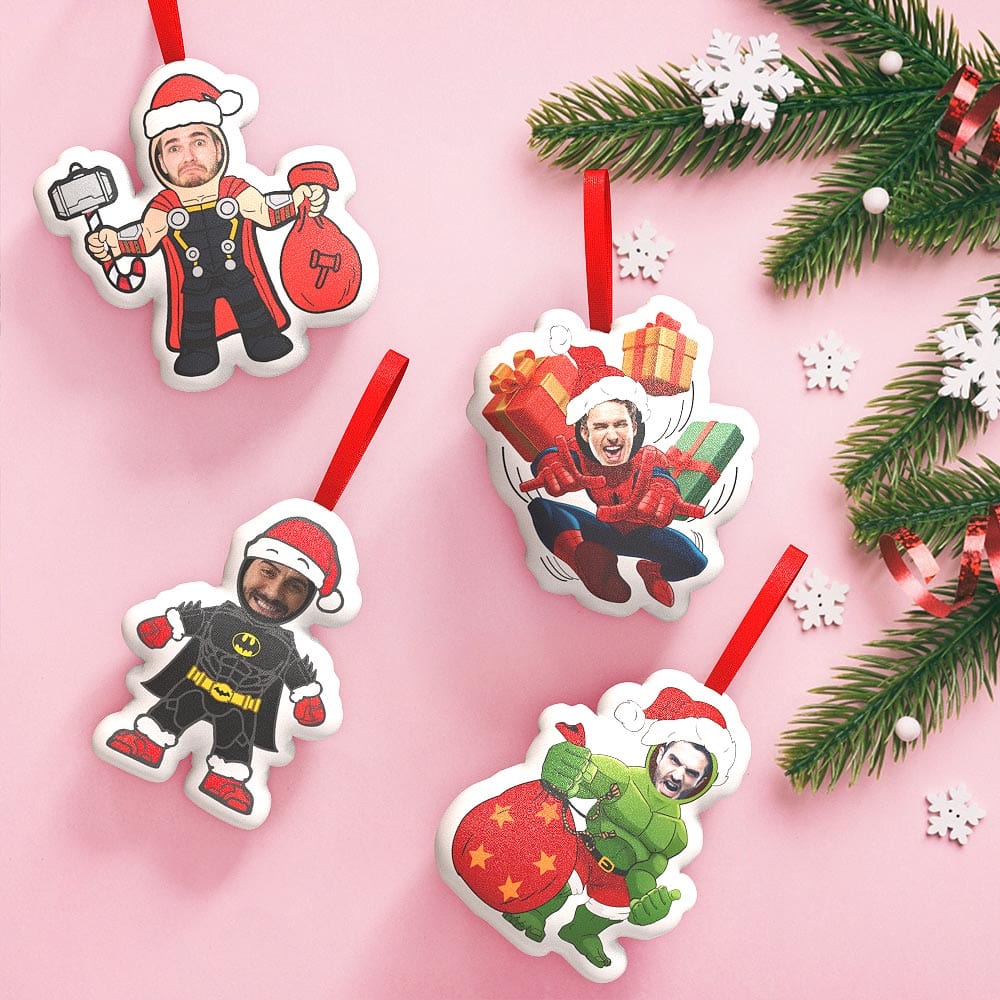 Superhero Christmas Hanging Decorations Set. Custom superhero face design with red ribbon for Christmas tree.