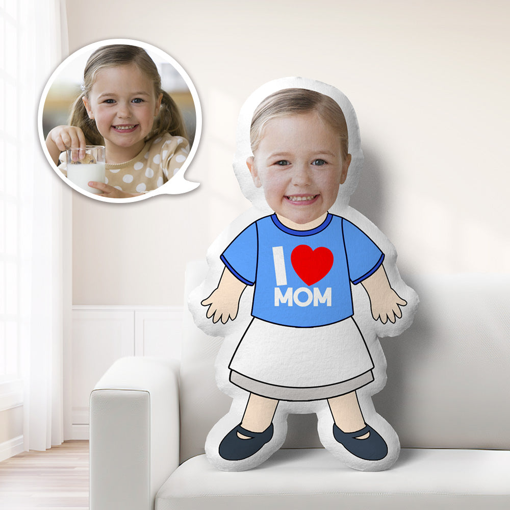 Custom Minime Pillow featuring a child's face with custom clothes. White skirt, blue shirt, and black shoes.