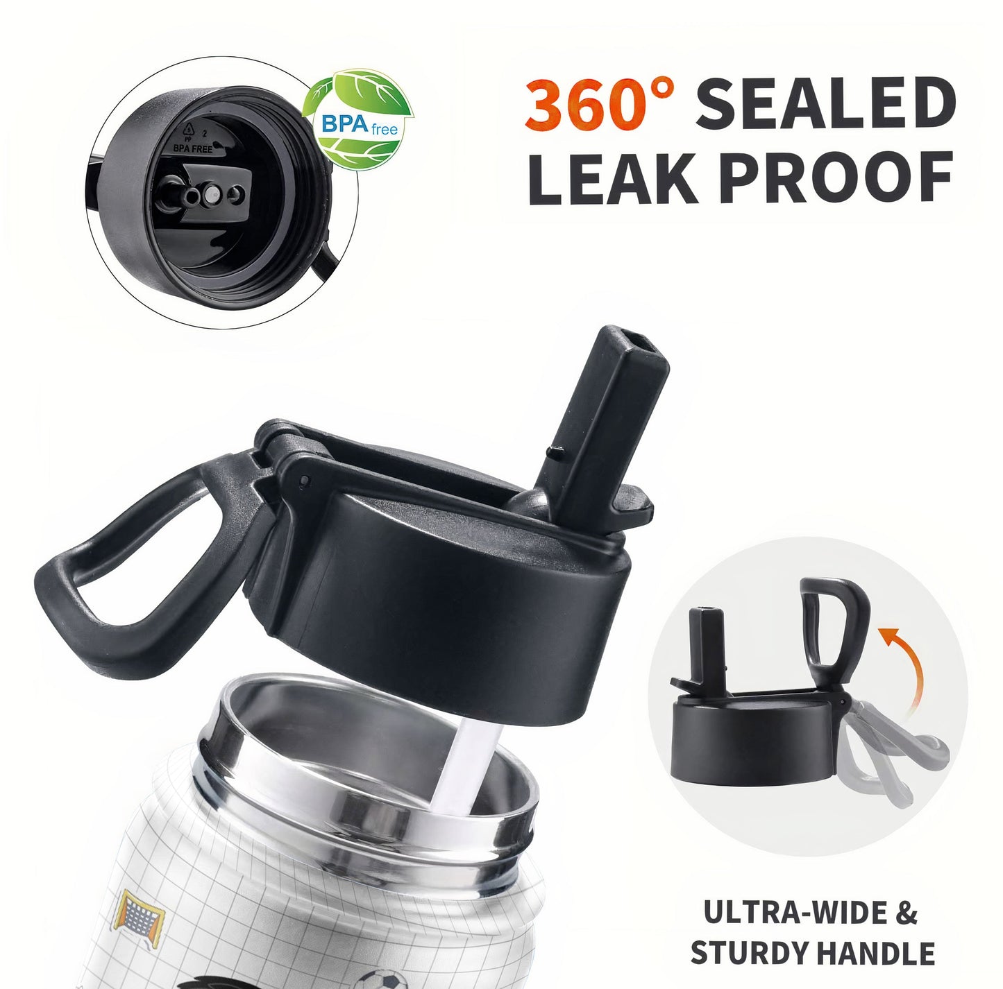 Leak-proof lid of the personalized kids water bottle with straw, showing 360° seal, black lid and straw, and stainless steel
