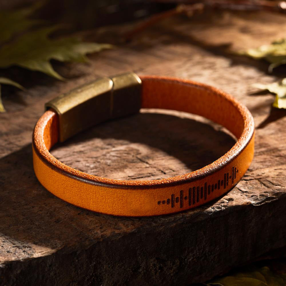 Custom music code PU leather bracelet, brown PU leather, magnetic clasp, engraved design, vintage style, perfect gift.