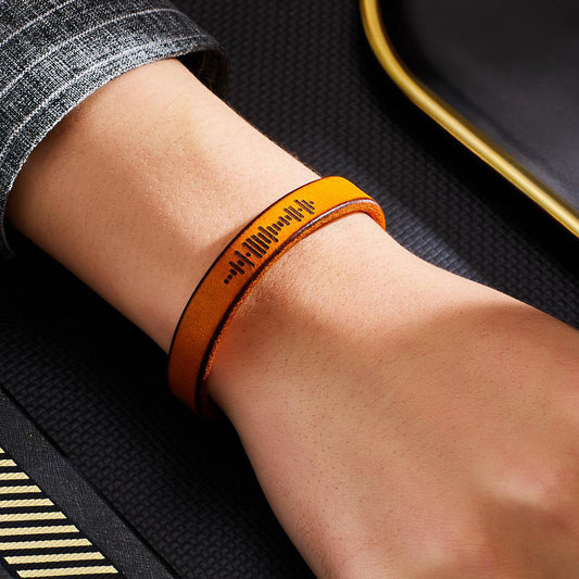 Engraved music code PU leather bracelet, vintage style, perfect gift for music lovers.
