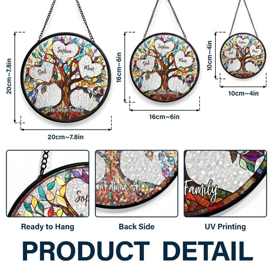 Family Unbreakable Bond Tree of Life personalized stained glass window hanging, sizes and product details.